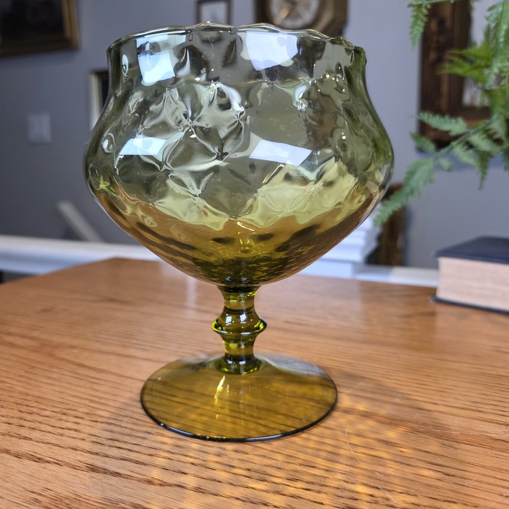 Vintage Indiana Glass Olive Green Thumbprint Pedestal Bowl MCM Candy Dish 6" - Picture 3 of 9
